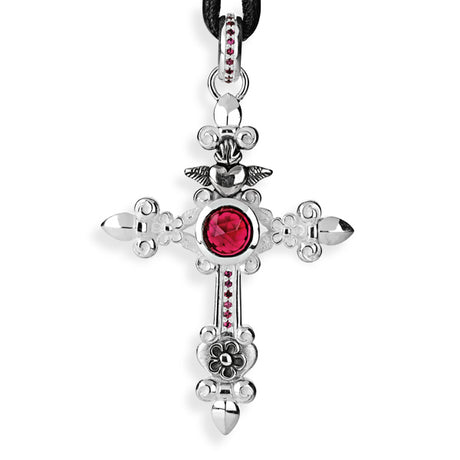 Carpe Diem großer Kreuz Anhänger mit facettiertem Granat und Rhodolithpavée