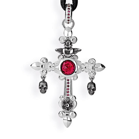 Carpe Diem großer Kreuz Anhänger mit facettiertem Granat Rhodolithpavée und Totenköpfen