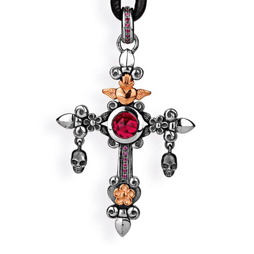 Carpe Diem großer Kreuz Anhänger mit facettiertem Granat Rhodolithpavée und Totenköpfen