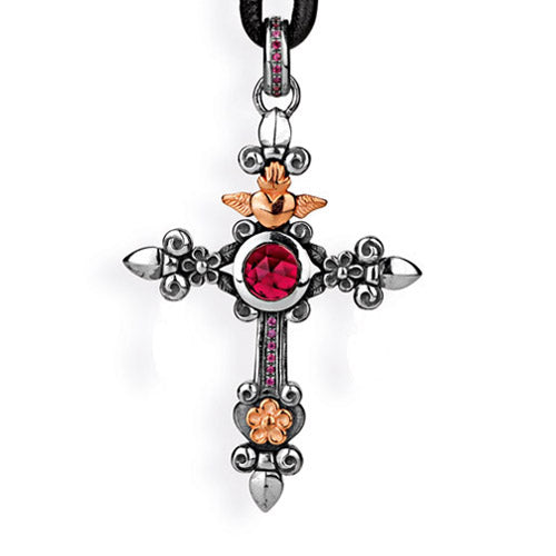 Carpe Diem großer Kreuz Anhänger mit facettiertem Granat und Rhodolithpavée