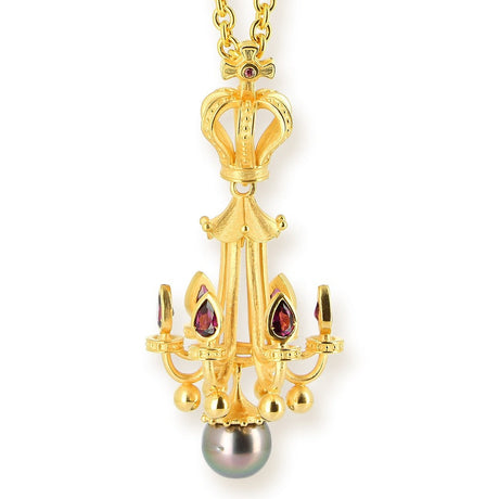 Chandaliery großer Anhänger mit Rhodolithtropfen und Tahitiperle