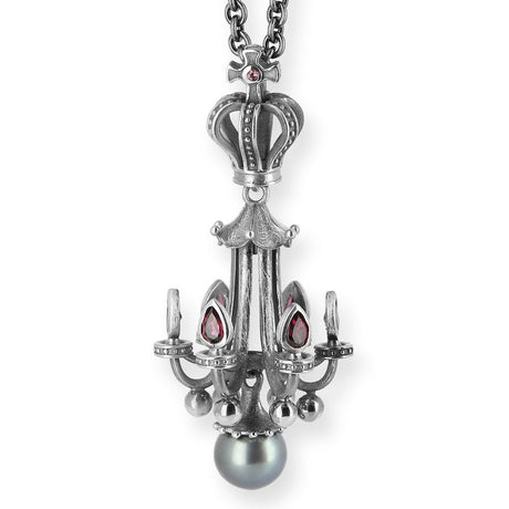 Chandaliery großer Anhänger mit Rhodolithtropfen und Tahitiperle