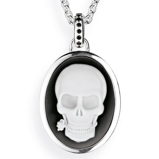 Alles ist Eins großer Anhänger mit Totenkopf Achatgemme und Klappöse mit Onyxpavée