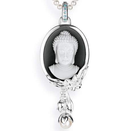 Alles ist Eins großer Anhänger mit Buddha Achatgemme Klappöse mit Topaspavée Lotusranke und Perlpampel