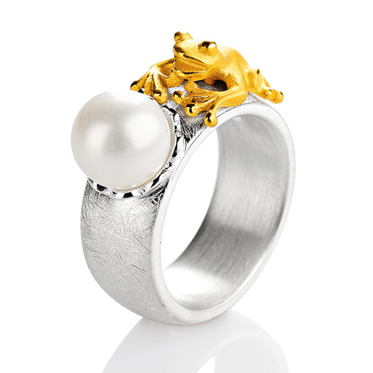 Froschkönig mittlerer Ring mit Frosch und Süßwasserperle