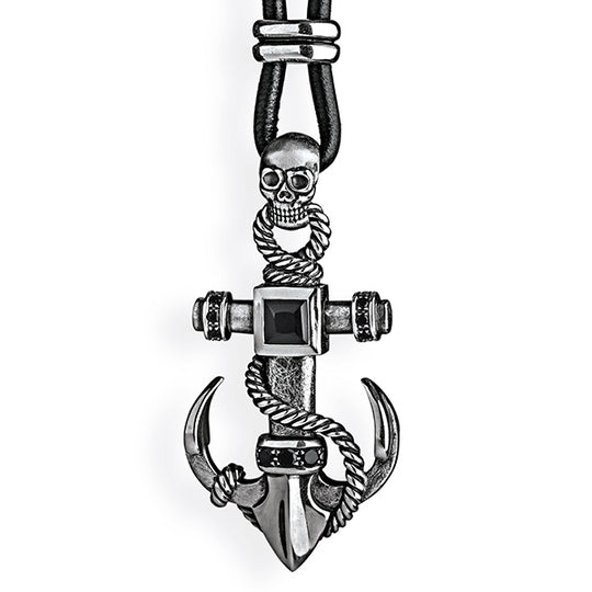 Heimathafen großer Anker Anhänger mit facettiertem Onyx und Totenkopfschlaufe