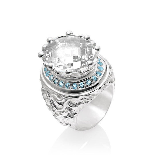 Klunkerlinge großer Ring mit Bergkristall und Topaspavée