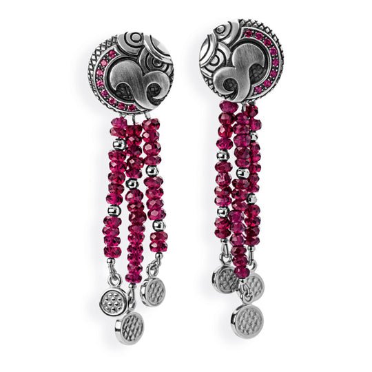 Long große Clipohrstecker mit Rhodolithpavée und Rhodolithquaste