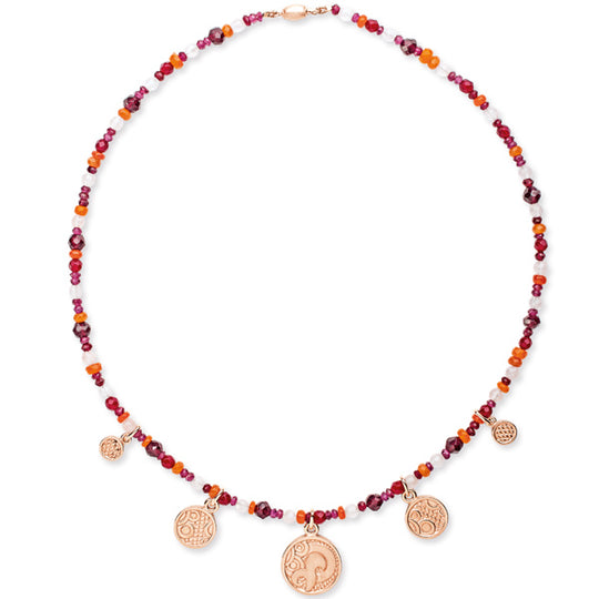 Long Stein Collier mit Münzen und Tonnenschloss in der Länge 45 cm