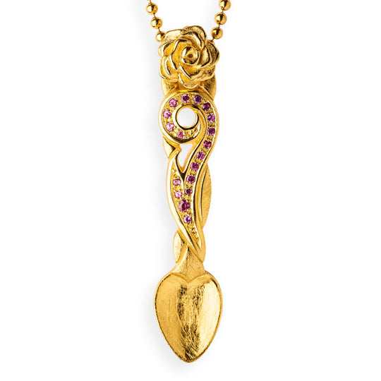 Goldenes Löffelchen Anhänger mit Rose und Rhodolithpavée