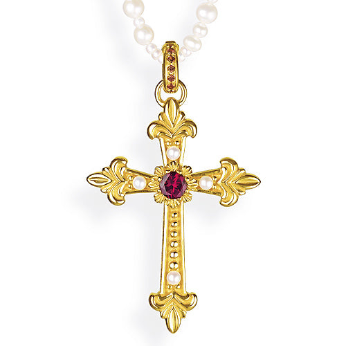 Queen Lisbeth großer Kreuz Anhänger mit Rhodolith Klappöse und Süßwasserperlen