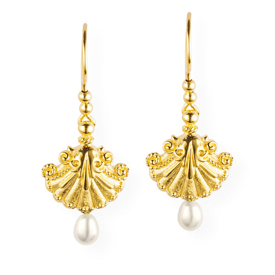 Strandgut Muschel Ohrhänger mit Schwanenhals und Süßwasserperlpampel