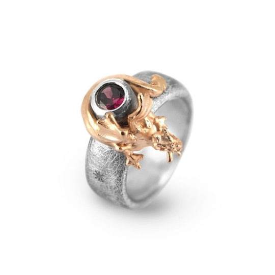 Dragonheart kleiner Ring mit Rhodolith und Drachen