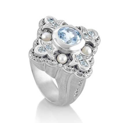 Faith Love und Charity großer Ring mit Topas Topaspavée und Süßwasserperle