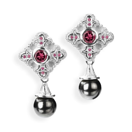 Faith Love und Charity Kreuz Clipohrstecker mit Rhodolith Rhodolithpavée und Tahitiperle