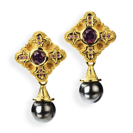 Faith Love und Charity Kreuz Clipohrstecker mit Rhodolith Rhodolithpavée und Tahitiperle