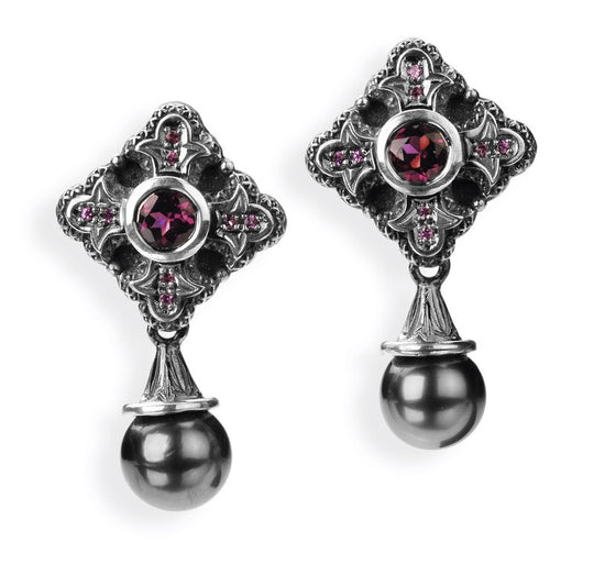 Faith Love und Charity Kreuz Clipohrstecker mit Rhodolith Rhodolithpavée und Tahitiperle