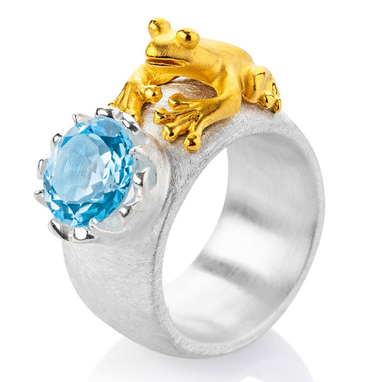 Froschkönig großer Ring mit Frosch und facettiertem Topas