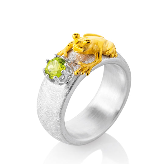 Froschkönig kleiner Ring mit Frosch und facettiertem Peridot