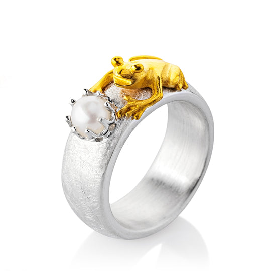 Froschkönig kleiner Ring mit Frosch und Süßwasserperle