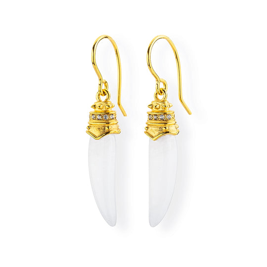 Ganesha Ohrhänger mit Elefantenzahn aus weißem Quarz und Bergkristallpavée