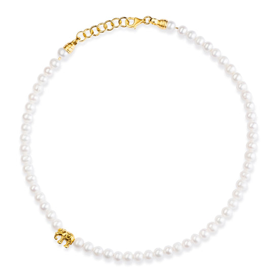 Ganesha weißes Süßwasserperlen Collier mit einem Elefanten und Karabiner in der Länge 47 cm