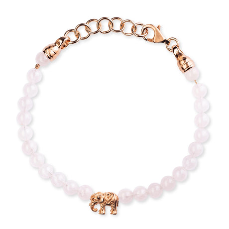 Ganesha Rosenquarz Armband mit einem Elefanten und Karabiner in der Länge 23 cm