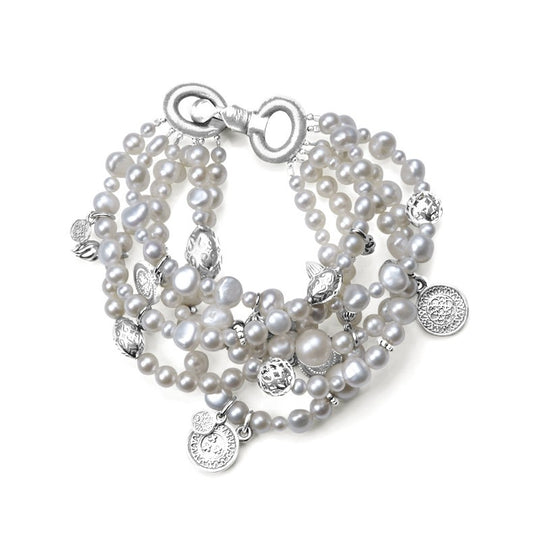 1001 Nacht 6 reihiges Perlen Armband mit Münzen Dekoelementen und Knebelverschluss Länge 21 cm