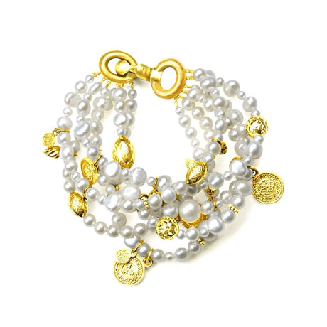 1001 Nacht 6 reihiges Perlen Armband mit Münzen Dekoelementen und Knebelverschluss Länge 21 cm