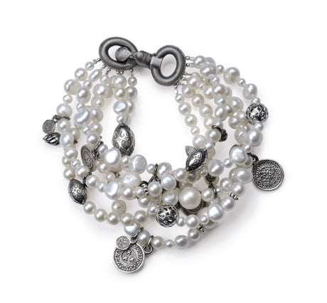 1001 Nacht 6 reihiges Perlen Armband mit Münzen Dekoelementen und Knebelverschluss Länge 21 cm