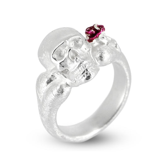 Latin Lover Totenkopf Ring und Rose mit rotem Brandlack