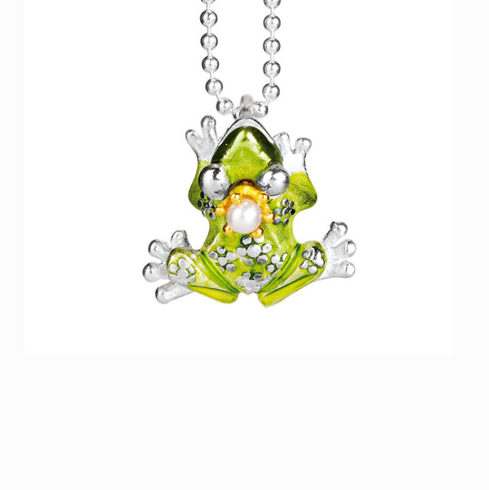 Flower Frog kleiner Anhänger mit grünem Brandlack und Süßwasserperle