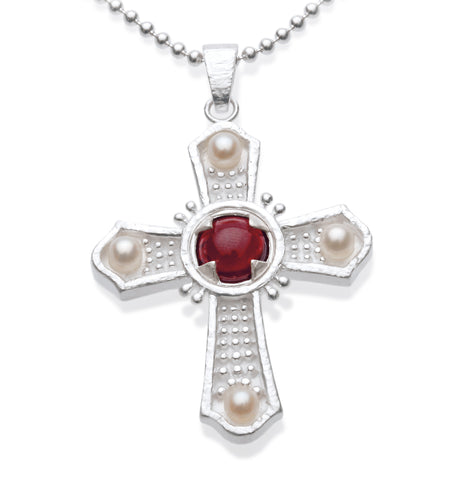 Papst Pius kleiner Kreuz Anhänger mit Granat und Süßwasserperle