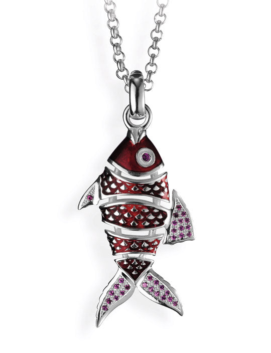 Neptuns Garden kleiner Fisch Anhänger mit rotem Brandlack und Rhodolithpavée