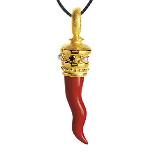 Potpurry großer Tigerzahn Anhänger mit rekonstruierter Koralle Rhodolith und Süßwasserperle