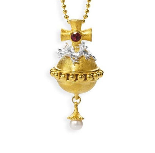 Reichsapfel kleiner Anhänger mit Rhodolith Drachen und Süßwasserperle