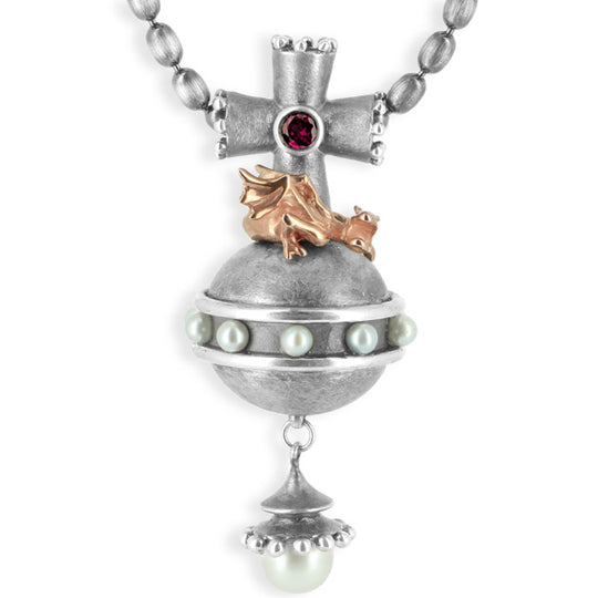 Reichsapfel großer Anhänger mit Rhodolith Drachen und Süßwasserperle