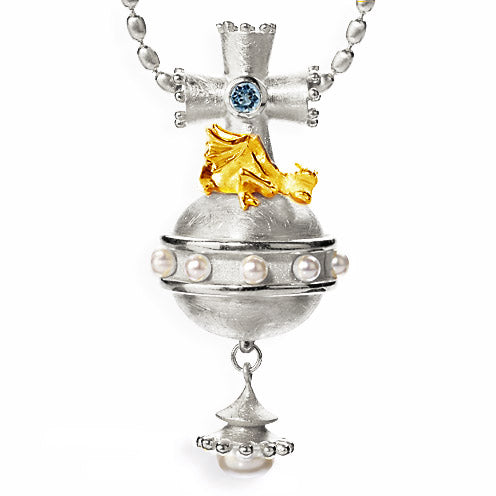 Reichsapfel großer Anhänger mit Topas Drachen und Süßwasserperle