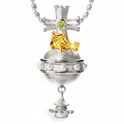 Reichsapfel großer Anhänger mit Peridot Drachen und Süßwasserperle