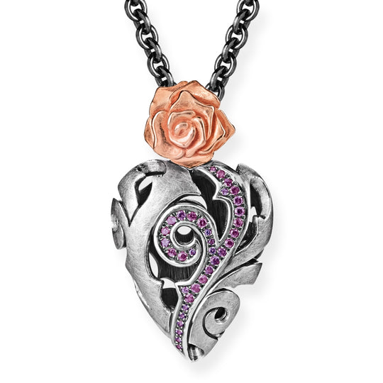 Rose of Antoine großer Herz Anhänger mit Rose und Rhodolithpavée