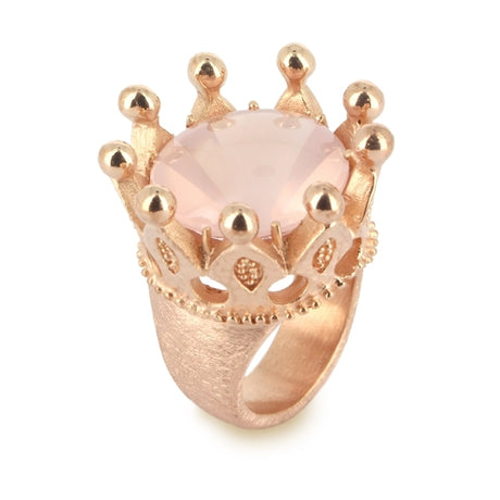 Schneewittchen großer Ring mit facettierem Rosenquarz Cabochon in Kronenfassung