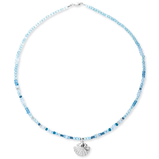 Strandgut Edelstein Collier aus Topas Apatit und Iolith mit einer Muschel in der Länge 45 cm