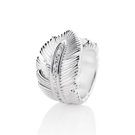 La Luna mittlerer Feder Ring mit weißem Saphirpavée