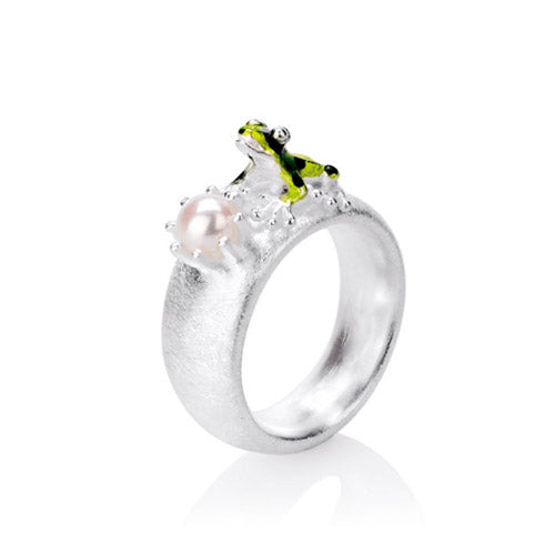 Giftpfeilfroschkönig kleiner Ring mit grünem Frosch und Süßwasserperle