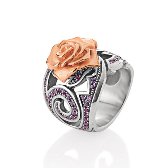 Rose of Antoine großer Ring mit Rose & Rhodolithpavée