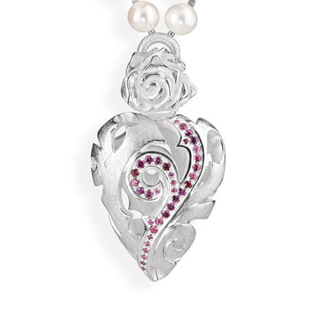 Rose of Antoine großer Herz Anhänger mit Rose und Rhodolithpavée