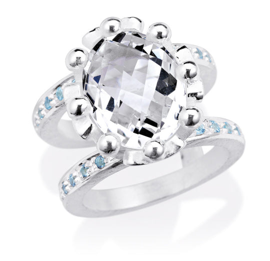 Lebenslänglich Seitenspringer Ring Klunkerlinge mit Bergkristall und Topaspavée