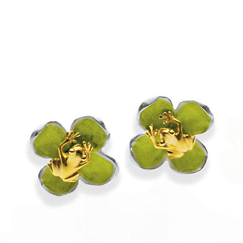 Frühlingsgefühle Clipohrstecker mit grünem Brandlack und Frosch