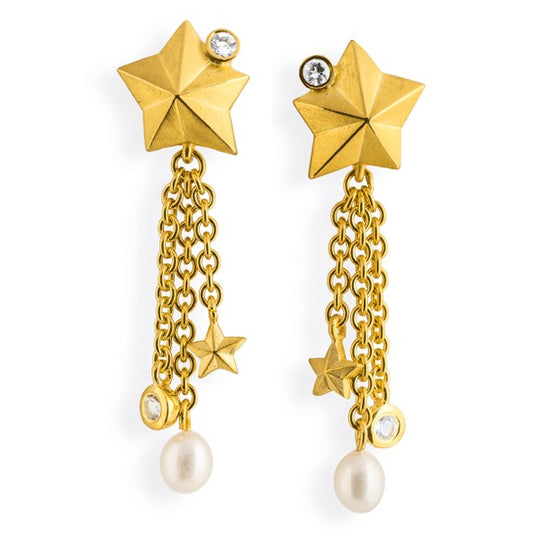 Sternenglanz & Schattentanz, große Stern Clipohrstecker mit Bergkristall, Süßwasserperle und Ketten.