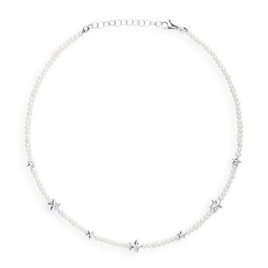 Sternenglanz & Schattentanz Süßwasserperlen Collier mit Sternen und Karabiner in der Länge 47 cm